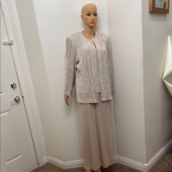 David's Bridal Cream Tan Gold Silver Maxi Dress & Long Sleeve Jacket Side Slit - Picture 3 of 13